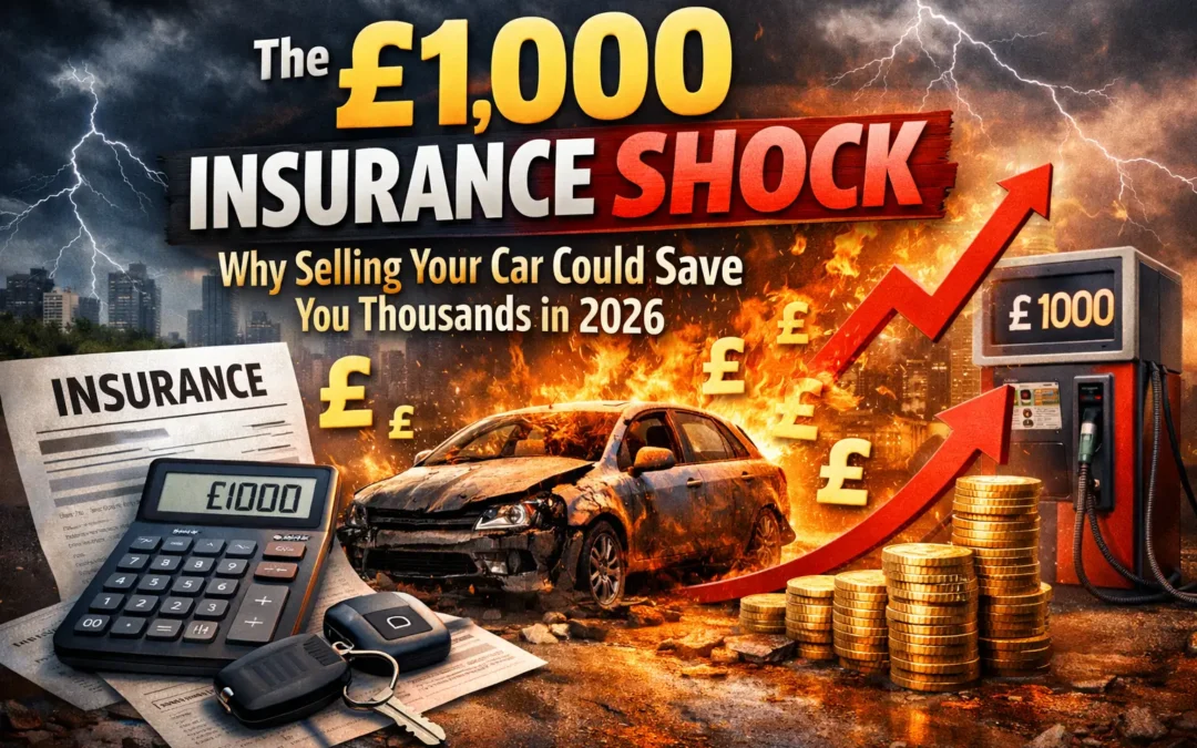 Insurance shock illustration showing rising car insurance costs with burning car, £1000 calculator, fuel pump and upward arrow in 2026