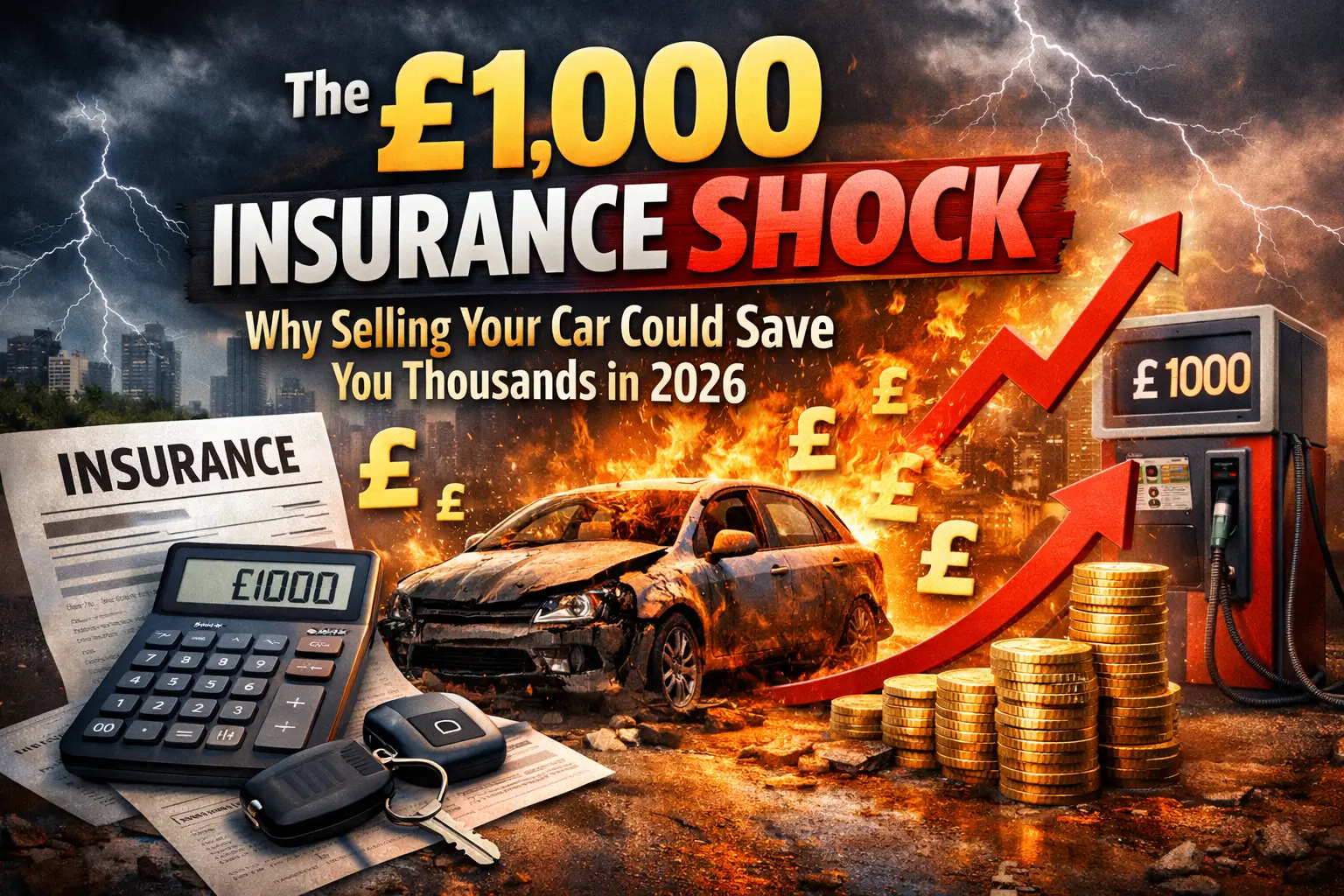 Insurance shock illustration showing rising car insurance costs with burning car, £1000 calculator, fuel pump and upward arrow in 2026