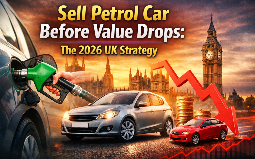 Sell petrol car before value drops in the UK showing fuel pump, London skyline and falling car value graph