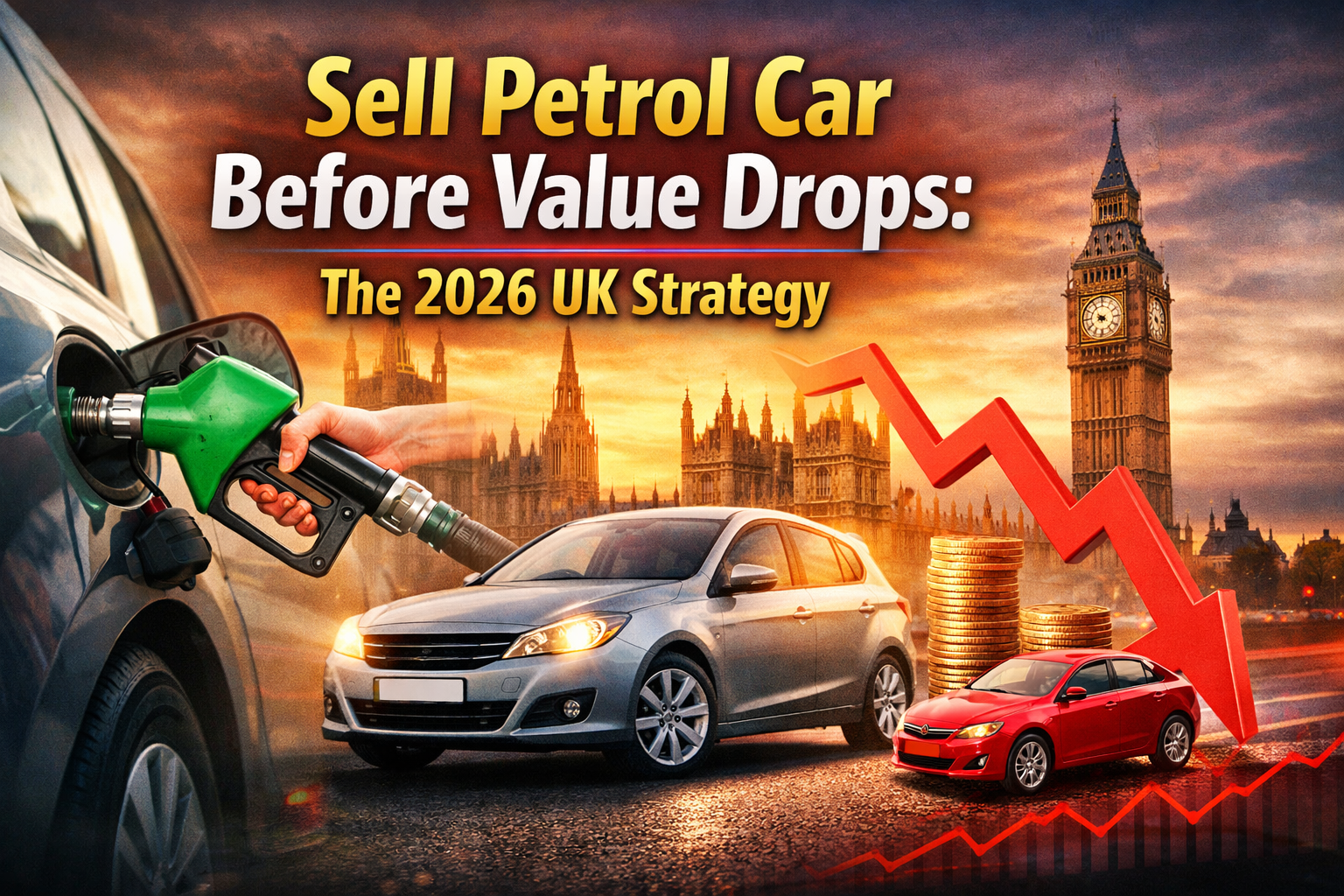 Sell petrol car before value drops in the UK showing fuel pump, London skyline and falling car value graph