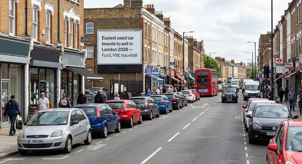 Easiest to Sell car in London? A busy London street scene featuring parked Ford, VW, and Vauxhall cars next to a billboard announcing the easiest used car brands to sell in 2026
